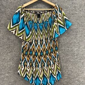 Ashley Stewart Blouse Women 16W Plus Blue Geometric Short Sleeve Round Neck